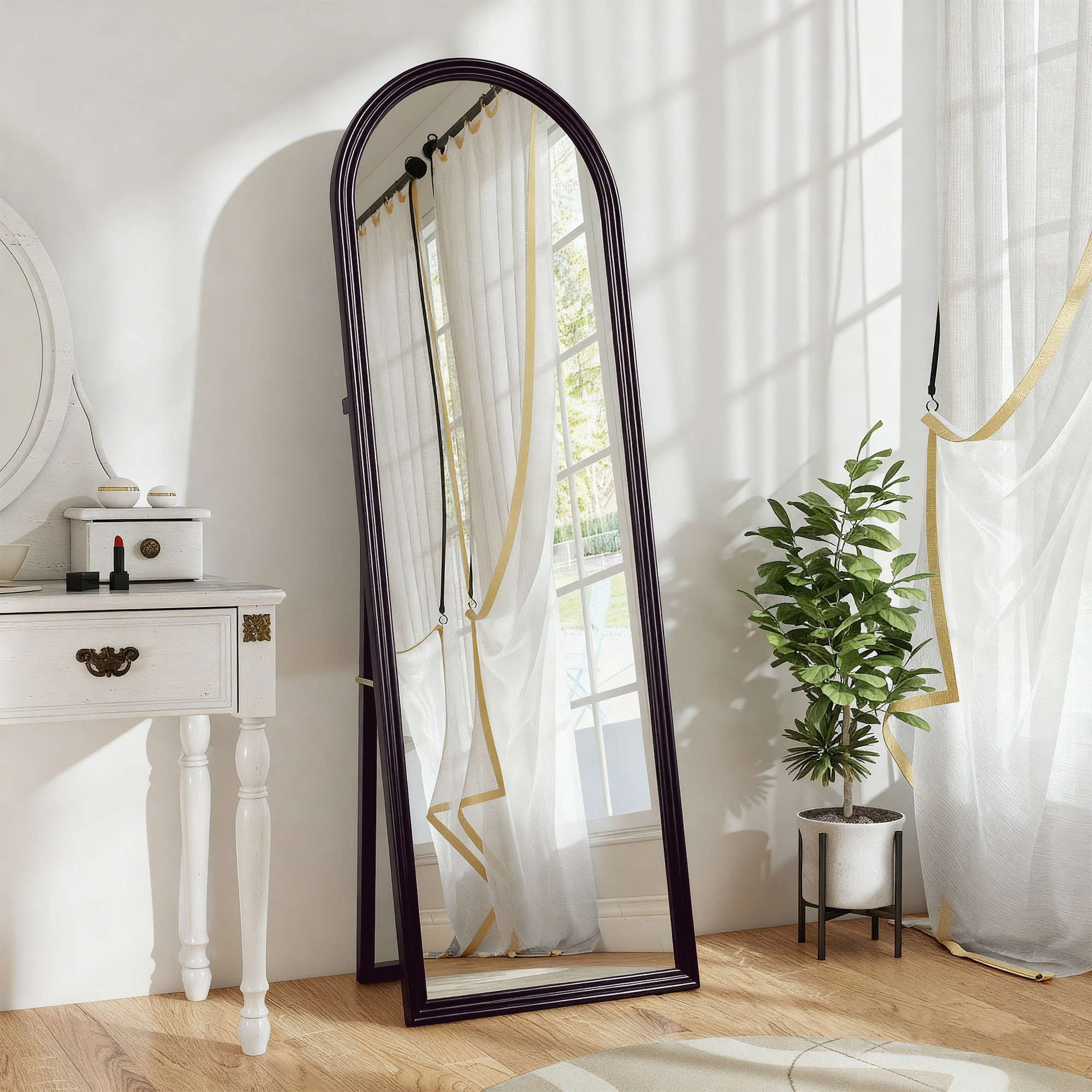 Homcom Specchio da terra arcuato con cornice effetto pietra, 53x163 cm, marrone   Aosom Italy
