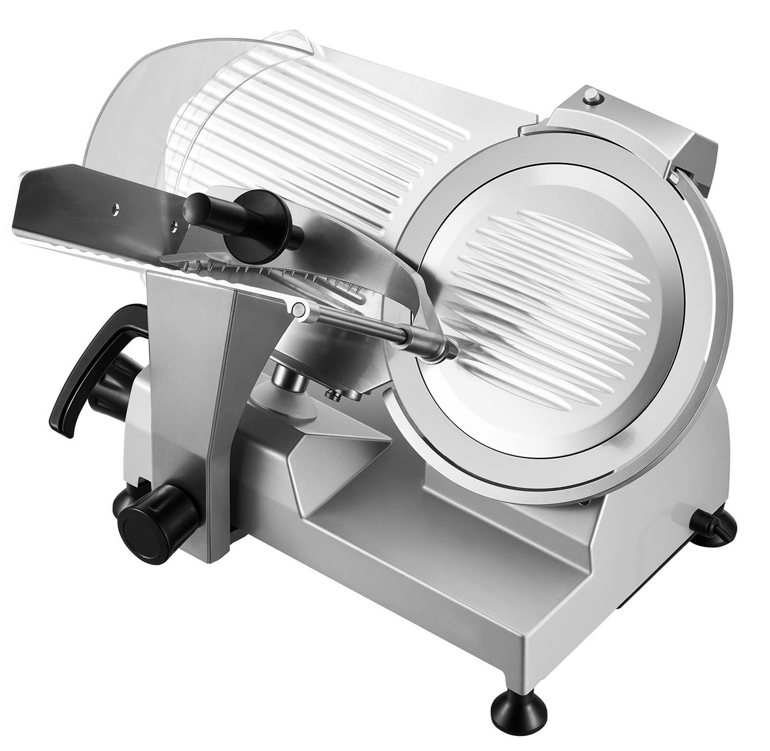 SucceBuy Elektrischer Allesschneider 400 W, Schneidegerät mit abnehmbarer 30 cm Klinge aus Kohlenstoffstahl & Auffangschale, einstellbare Schnittstärke von 0-15 mm, geeignet für gefrorenes Fleisch, Schinken, Baguette und Steak
