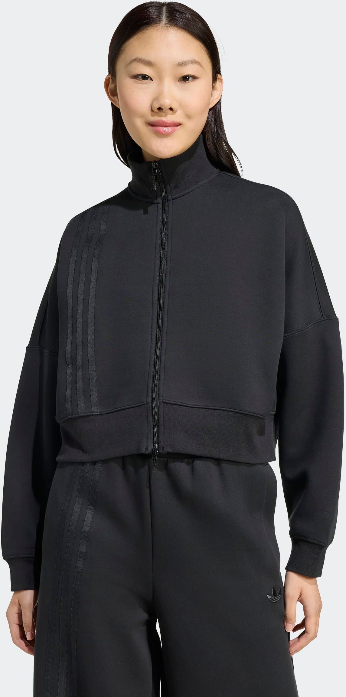 Sweatjacke ADIDAS ORIGINALS "OFF PLACED 3-STREIFEN ZIP UP", Damen, Gr. XL, schwarz, Obermaterial: 53% Baumwolle, 47% Polyester, angesetztes Bündchen, Sweatjacken Sweatjacke, mit Reißverschluss, mit glatter Materialstruktur