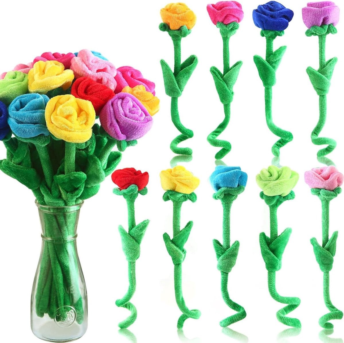 Pluche rozen boeket met 18 kleurrijke bloemen en buigbare stengels