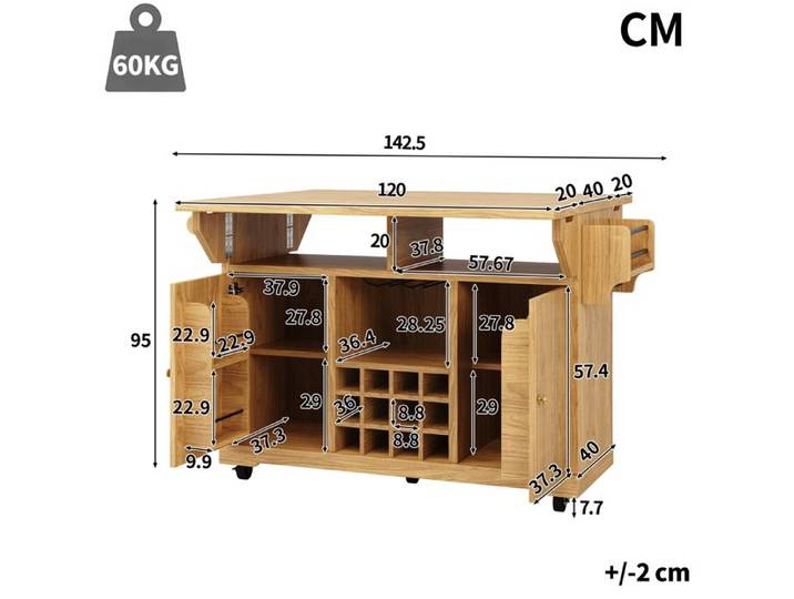Îlot central - ZEVKOR - Extensible - Hauteur 95 cm - 2 portes & étagères réglables - Porte-bouteilles roulettes