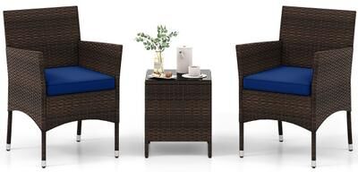 Costway 3 Pieces Outdoor Conversation Set with Cushioned Seat and Glass Tabletop-Navy