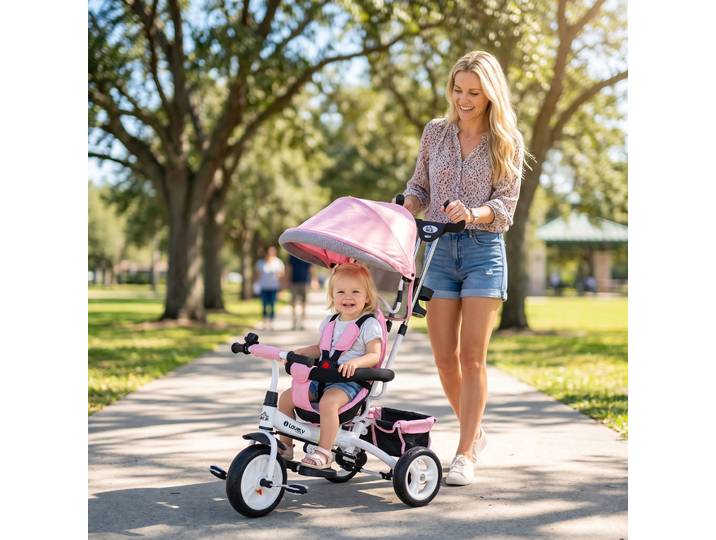 HOMCOM Tricycle Évolutif Rose Pare-Soleil Pliable Acier