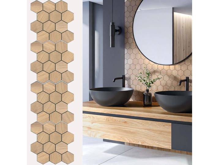 4er-Set Fliesenaufkleber, selbstklebend Hexagon Holzoptik