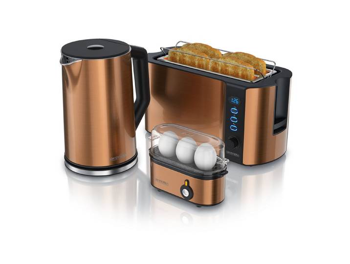 Arendo Frühstücks-Set Wasserkocher 1,5l, 4-Scheiben Toaster, 3er Eierkocher, Kupfer (3-tlg), Edelstahl, BPA-frei, GS-geprüfte Sicherheit, fürs Familienfrühstück