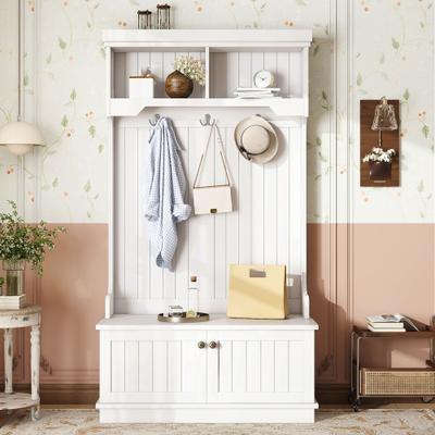 4-in-1 Design Hall Tree with Storage Shoe Bench, Coat Racks and Display Shelf for Entryway & Hallway by GDFStudio