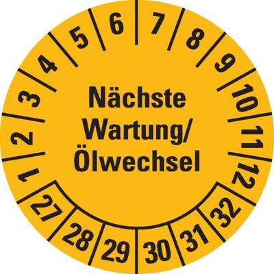 Dreifke® Prüfplakette Nächste Wartung/Ölwechsel 27-32,gelb,Dokumentenfolie,Ø30mm,18 St/Bogen