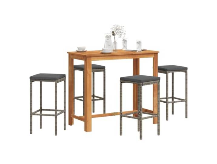 YUOTYRKTEJRSG Poly Rattan grau wetterbeständig 5 TLG. Bar Set 35.2 Gartenbar-Set 5-tlg. Grau Massivholz Akazie Poly Rattan Bar Tisch Set Balkon Terrasse Outdoor Moebel mit 4 Barhockern