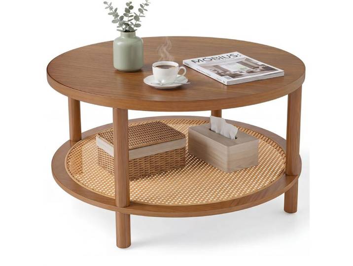 GIANTEX Table Basse Ronde Bohème Bois 80 X 45 CM 2 Niveaux avec Étagère en Rotin Pieds d'Hévéa Charge 100KG Table d'Appoint