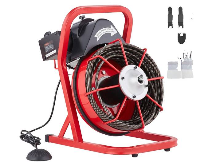 VEVOR Machine de nettoyage de tuyaux 75 pieds x 3/8 pouces\, spirale d'égout à alimentation manuelle\, machine électrique de nettoyage de tuyaux 250 W avec 4 coupeurs et pédale deactivée par l'air