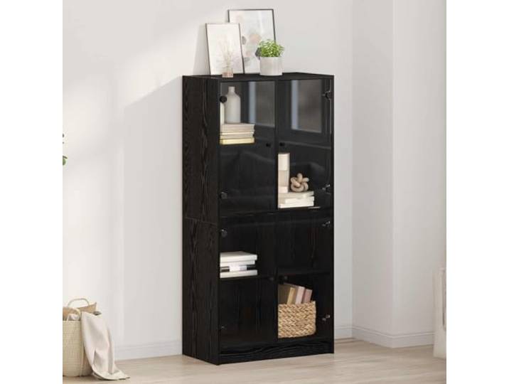 RJPLMFV Schrank Eiche Schwarz 68 x 37 x 142 cm Holz Transparente PVC-Türen, Holzregale, Metallknöpfe, Wohnzimmeraufbewahrung