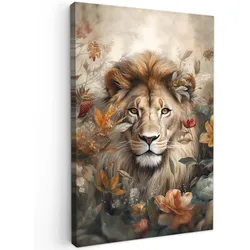 LEINWANDBILD Löwe - Wildtiere - Pflanzen - Natur - Blumen Wanddeko 40x60 cm
