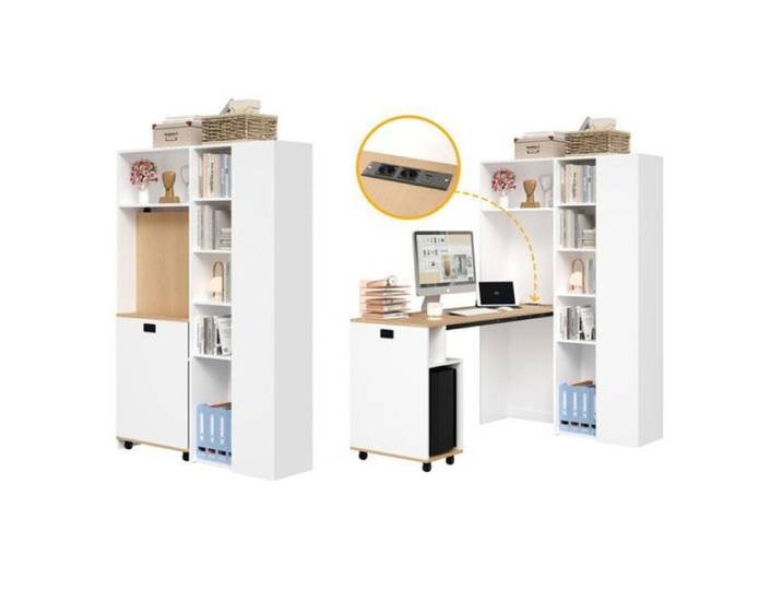 Grand bureau d angle avec rangement bois d'angle 139x50cm scandinave étagères réglables bibliothèque haute roulettes multiprise