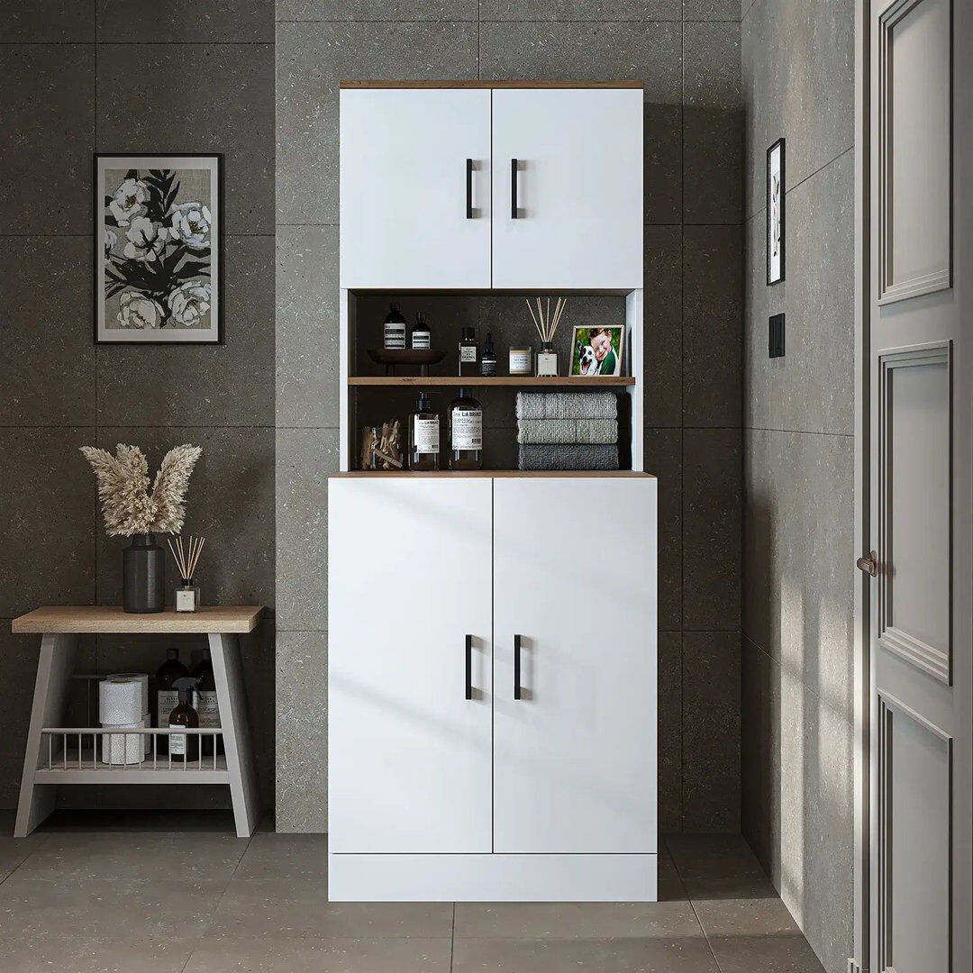 Isabelline Atria Washing Machine Cabinet with Double Doors, White/Oak 180cm H X 70cm W X 69cm D