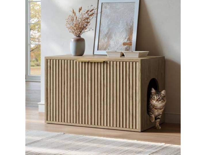 Evermagin 80 cm große Katzentoilette aus Eichenholz, große versteckte Katzentoilette, Schrank, moderner Bohemia-Katzenhaus-Katzen-Beistelltisch für Wohnzimmer, Eingangsbereich, Schlafzimmer