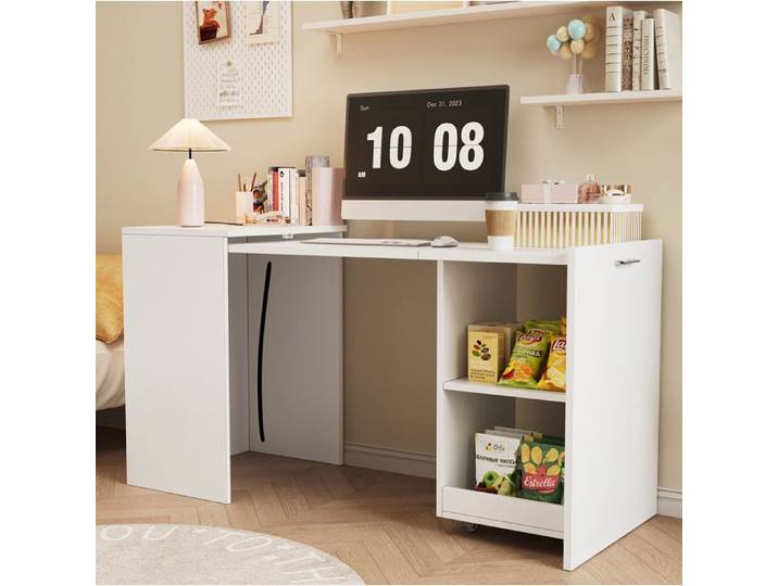 MEUBLIV Bureau secrétaire pliant 2-en-1 avec rangements 4 compartiments roulettes blanc
