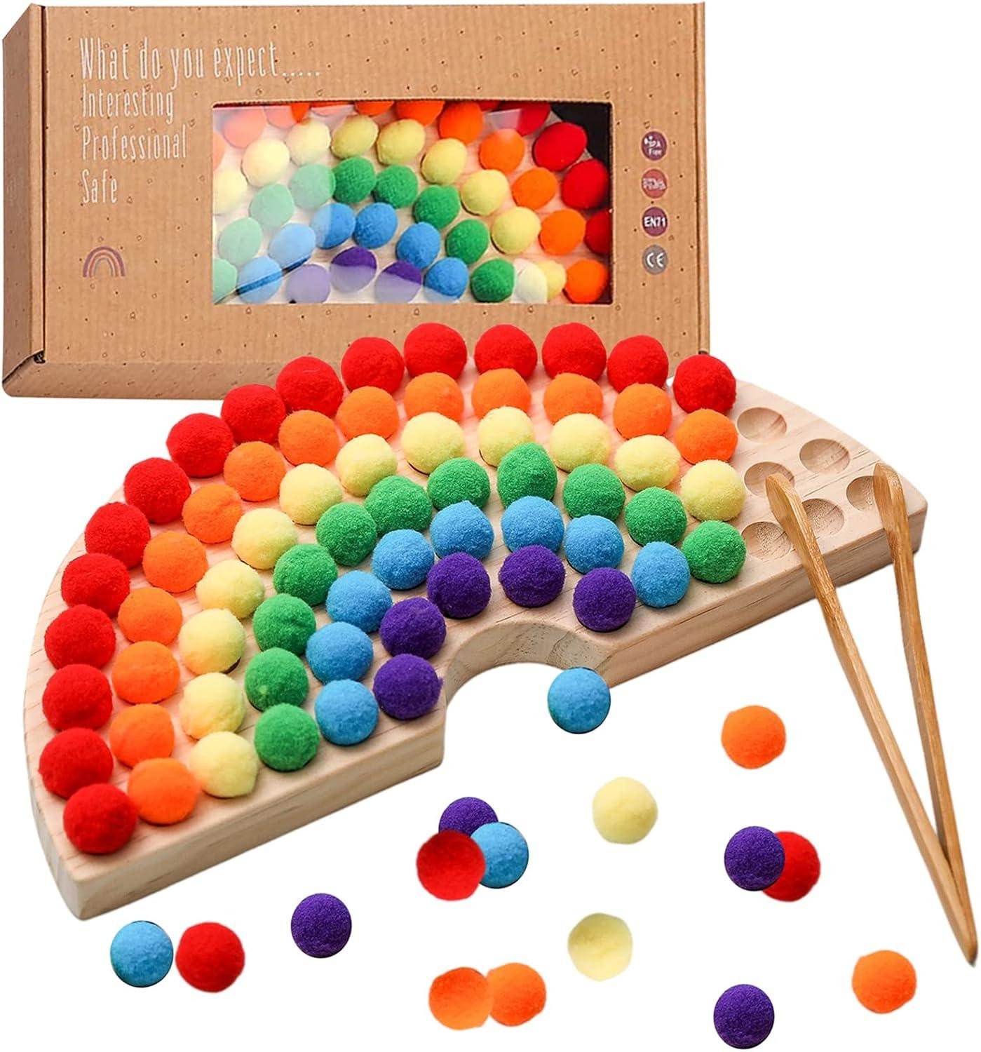 oCreon Montessori Houten Peg Board Kralen Spel met Kleurclassificatie voor Fijne Motoriek en Wiskunde Leren - Regenboog