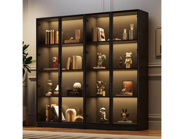 Vitrine en verre avec éclairage LED commandé par application et étagères coulissantes vitrine autonome à quatre portes