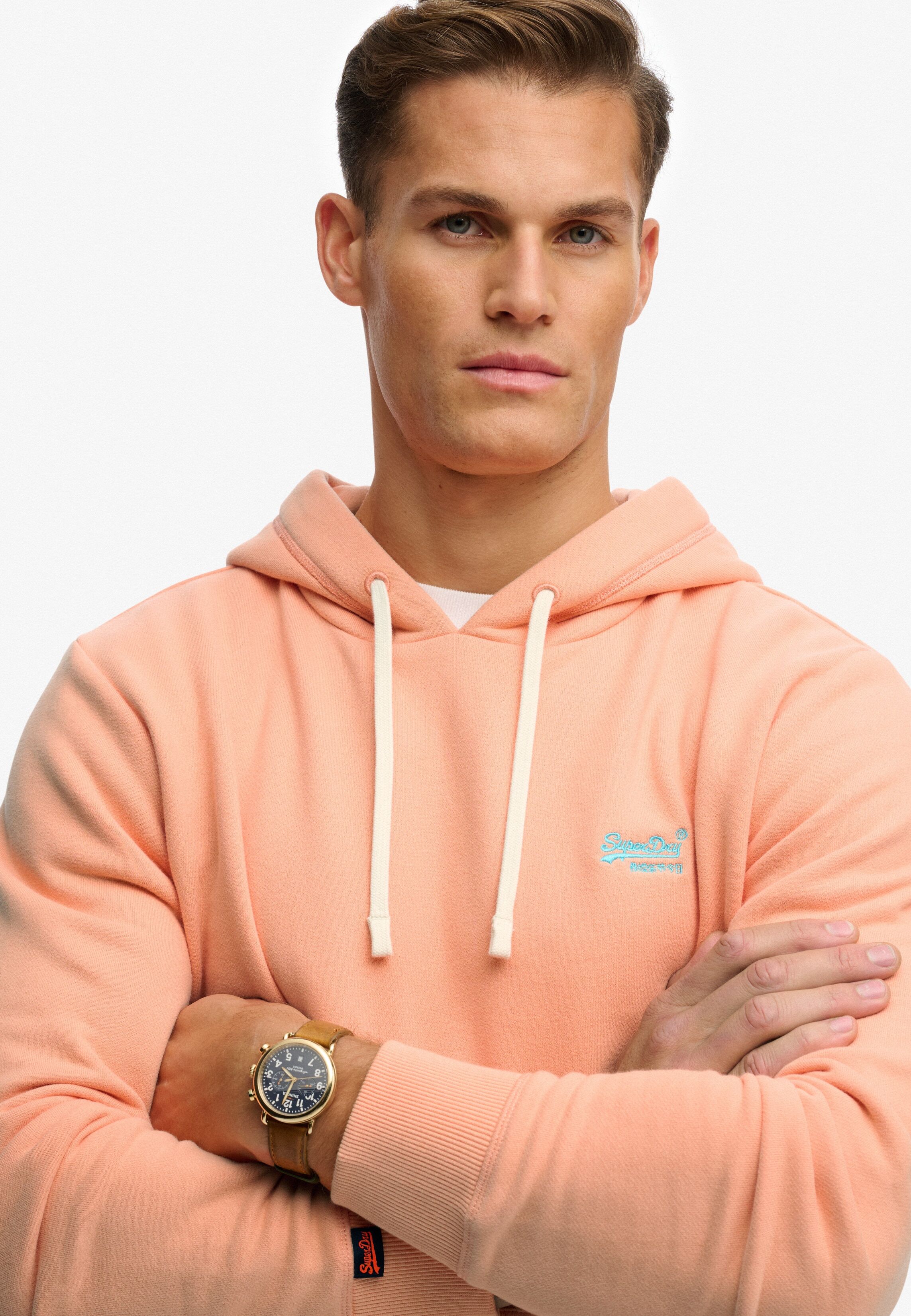 Kapuzensweatshirt SUPERDRY "Essential Logo Classic Hood", Herren, Gr. M, coral reef, angeraute Sweatware, Obermaterial: 80% Baumwolle, 20% Polyester, unifarben, loose fit normal, Rundhals, Rippbündchen, Sweatshirts Kapuzensweatshirt, Baumwollmischung, loo