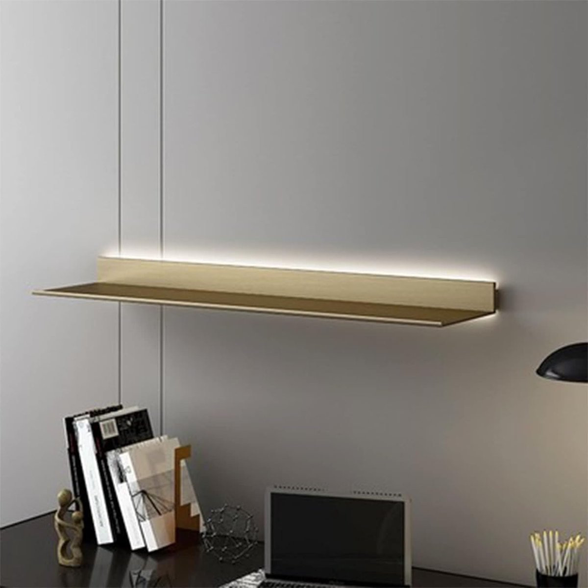 Zwevende wandplank met LED-verlichting in goud, breedte: 60 cm
