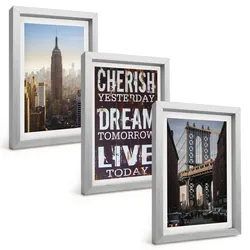 BILDER SET 3er Set - 20x30 cm Silberner Rahmen - Zitat über New Yorker Landschaften