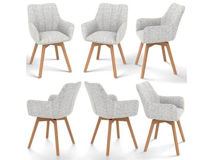 WAFTING Esszimmerstühle 6er Set Drehbar 360° mit Holzbeinen, Beige Tweed-Stoff, Armlehnstuhl, Moderner Polsterstuhl, Drehstuhl, Esszimmerstuhl Drehbar, Wohnzimmer, Arbeitszimmer, Schlafzimmer