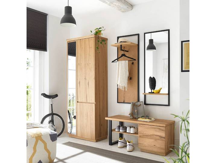 Miroir - 44 cm 44 x 128 x 12cm Noir/Chêne/Noir Cadre : métal verni Étagère : panneau aggloméré contreplaqué 44 x 128 x 12cm
