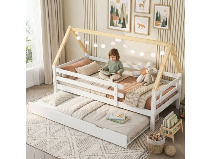 COVREO Lit cabane enfant 90x200 cm avec lit gigogne 90x190 cm pin massif blanc et naturel