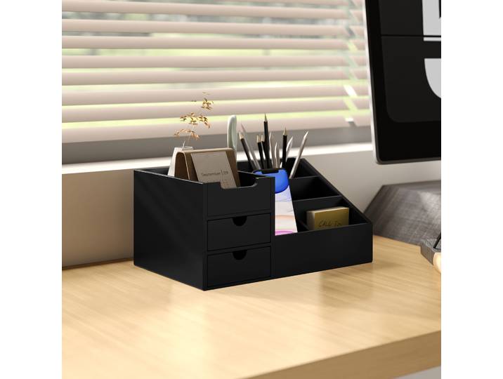 HOMCOM Organiseur Bureau Bambou Noir 7 Compartiments 2 Tiroirs