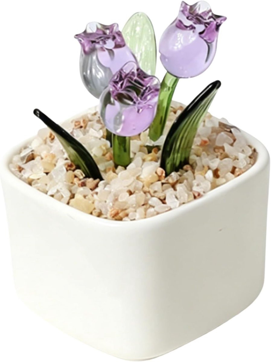 Handgeblazen Glas Bloemenbeeldje Mini Tulp - Paars - H 9 x B 5 x D 5 cm