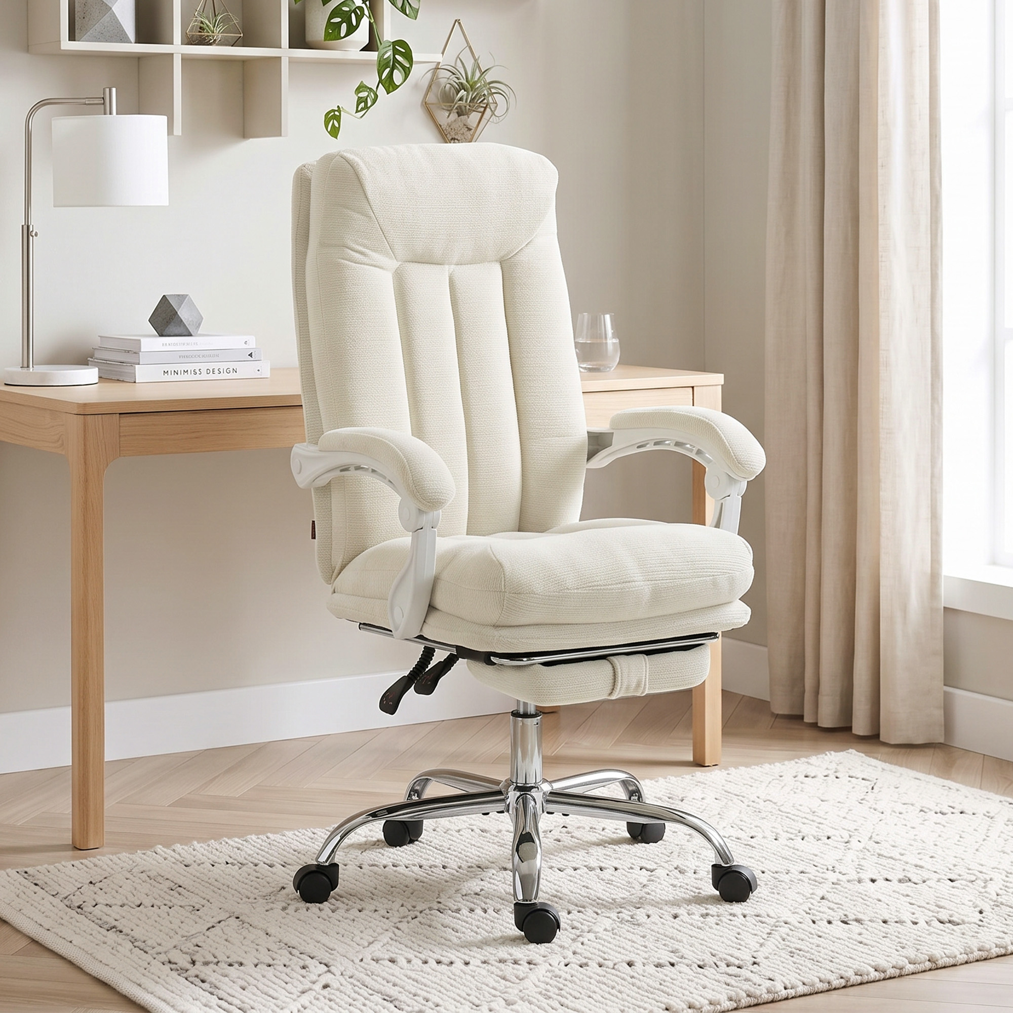 Homcom Sedia da ufficio ergonomica reclinabile in ciniglia con poggiapiedi, crema   Aosom Italy