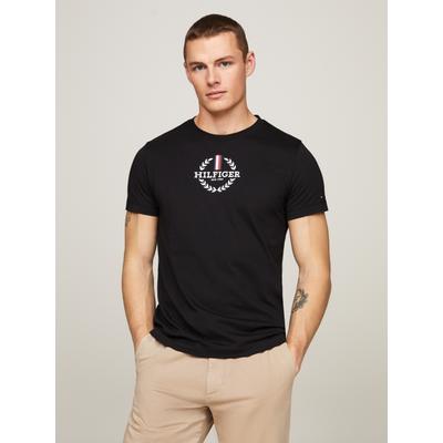 T-Shirt TOMMY HILFIGER "GLOBAL STRIPE WREATH TEE", Herren, Gr. S, schwarz, Single Jersey, Obermaterial: 100% Baumwolle, Rundhals, 20_2_7_Shirts T-Shirt, mit Archive-Wappen-Logo