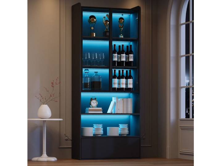 Vitrine haute AESVAR 80 x 34 x 180 cm avec 2 portes en verre 1 tiroir LED MDF et verre noir