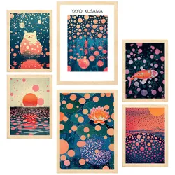 POSTER Set Mit 6 Yayoi Kusama Sonnenuntergang Wasser Janapise A3 & A4 Rahmen Aus Hellem Holz