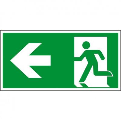 Schild I Rettungszeichen Rettungsweg links, Pfeil, Aluminium, 400x200mm, ASR A1.3, DIN EN ISO 7010 E001