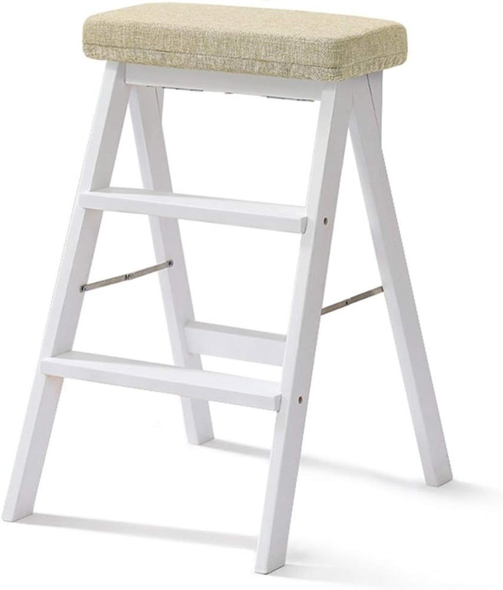 Vouwbare houten ladder kruk in wit, hoogte: 64 cm