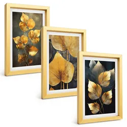 BILDER SET 3er Set - 20x30 cm Goldrahmen - Gelbe Blätter auf dunklem Hintergrund