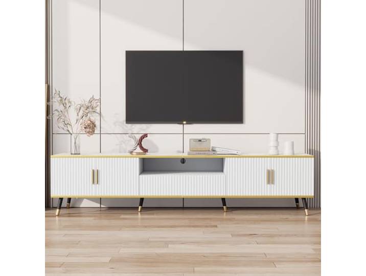 boorbin Moderner Lowboard TV-Schrank mit Marmor-Optik, TV-Board, TV-Kommode, Für Fernseher bis 90 Zoll, DREI Schubladen und 1 Kabelmanagement (Weiß, 200 * 40 * 46 cm)