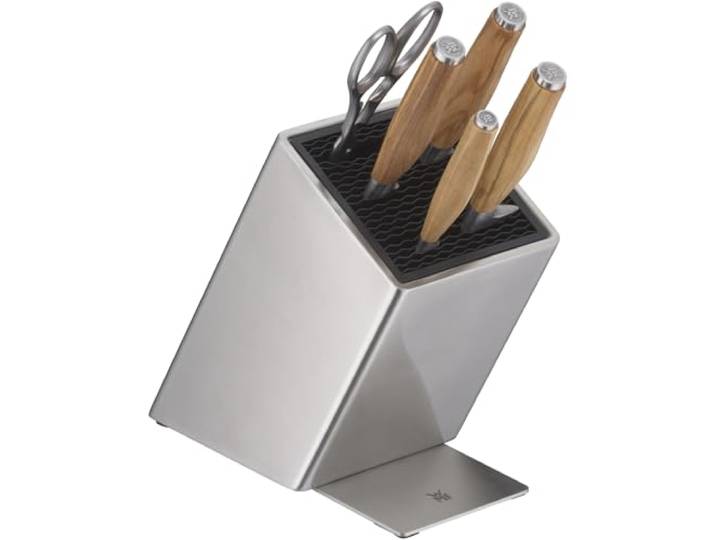 WMF Grand Gourmet Messerblock mit Messerset 6teilig, Messer Holzgriff, Made in Germany, 4 Messer geschmiedet, Olivenholzgriff, Messer geschmiedet, Schere, FlexTec Messerblock aus Edelstahl