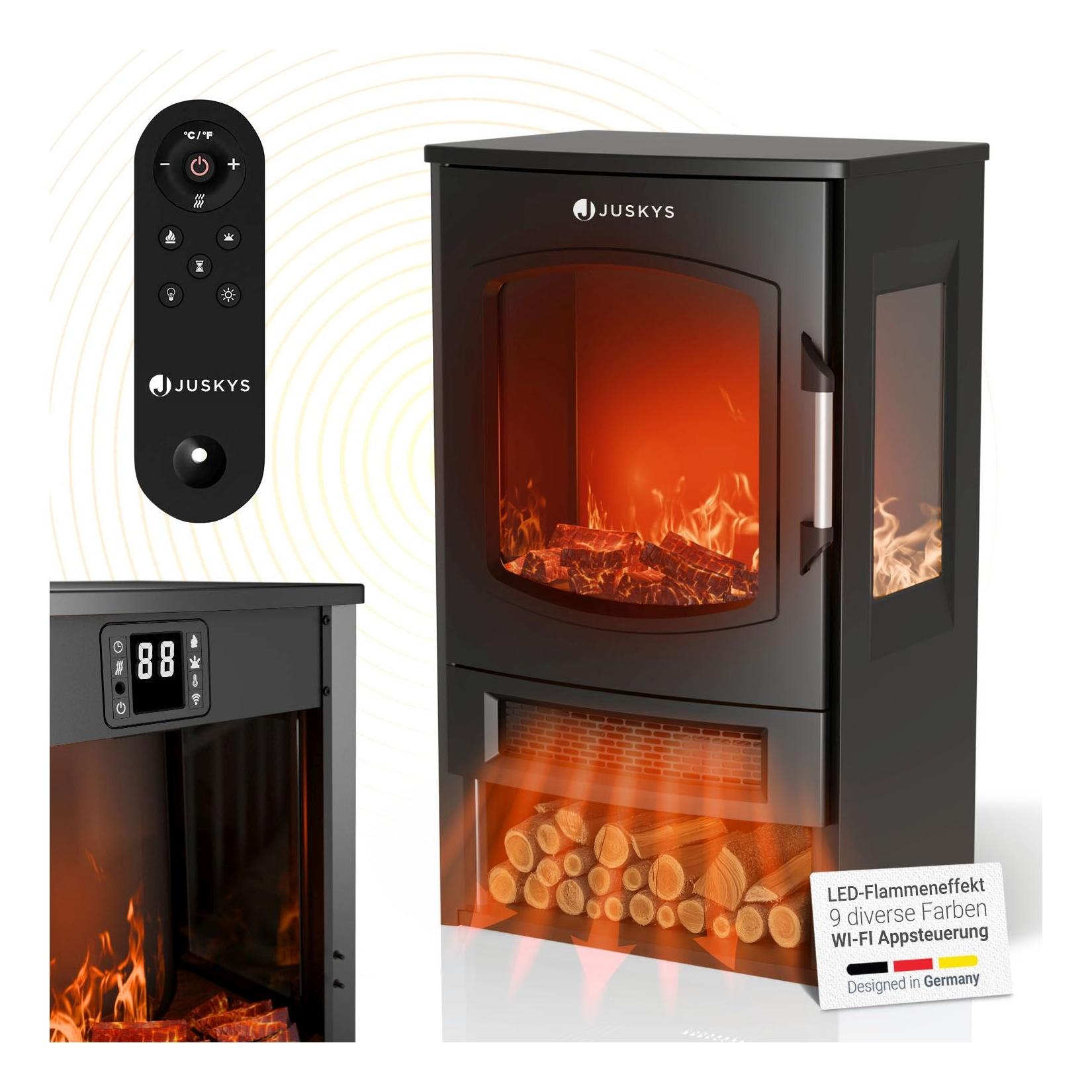 Juskys Elektrokamin 1800W – Schwarz, LED-Flammeneffekt, 2 Heizstufen & WLAN/App