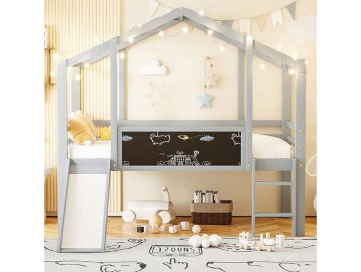 Merax Graues Kinder Hochbett 90x200 cm mit Rutsche & Leiter, Spielbett aus Holz mit Stauraum & Geländer, modernes Design