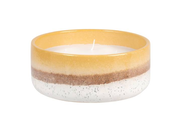 Duftkerze in Keramikgefäß, beige und gelb