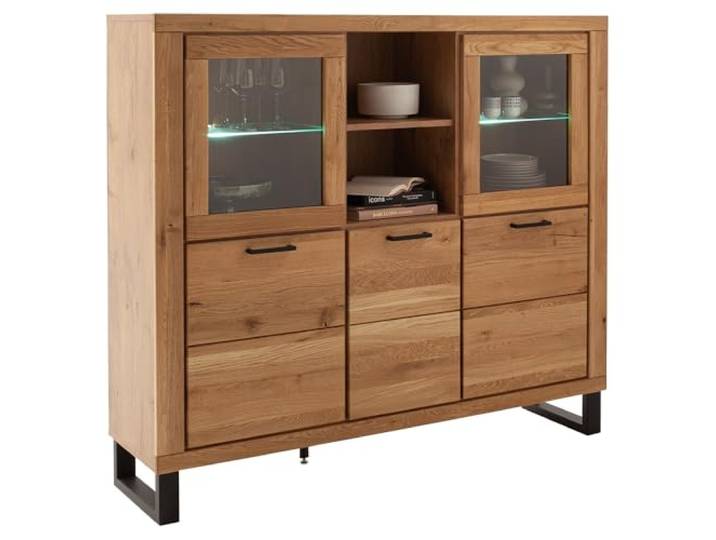 Lomadox Wohnzimmer Highboard Vitrinenschrank mit Beleuchtung, 159 cm breit, Eiche teilmassiv, mit 2 Glastüren, 3 Holztüren & 2 offenen Fächern, Echtholz/Massivholz-Fronten, geölt