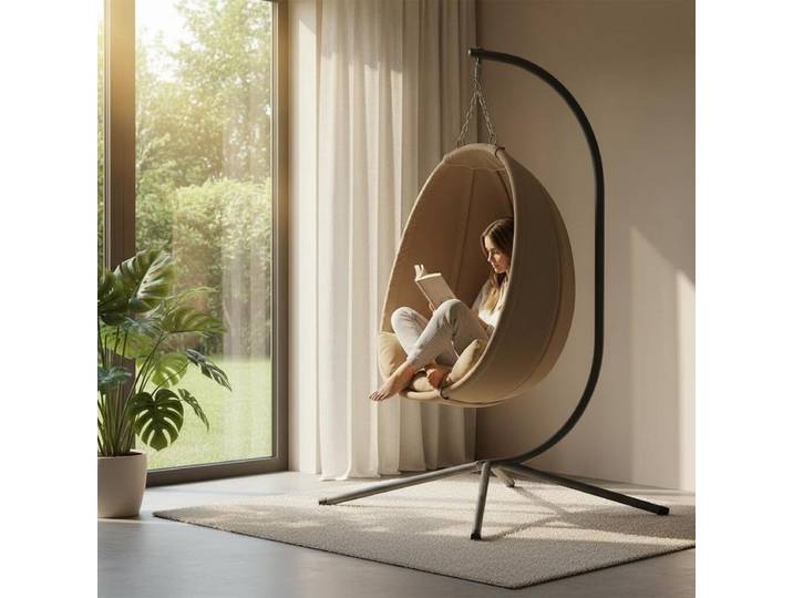Chaise suspendue en forme d'œuf avec support, tissu taupe et structure en acier