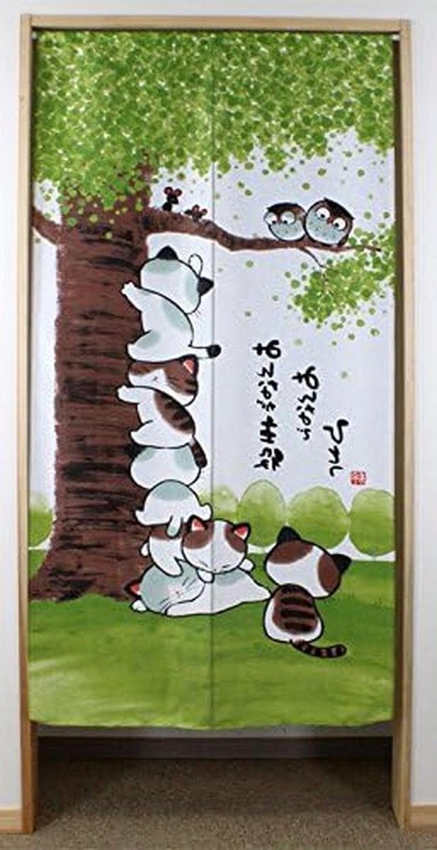 Japans Paneelgordijn met Katten en Uilen in Noren Stijl - Multicolor - B: 85 cm, H: 170 cm