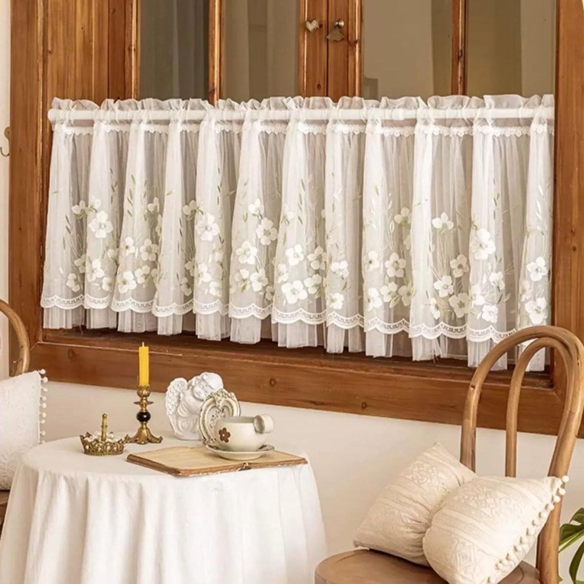 Wit Elegant Geborduurd Kort Kantgordijn voor Keuken Decoratie - 200 x 50 cm