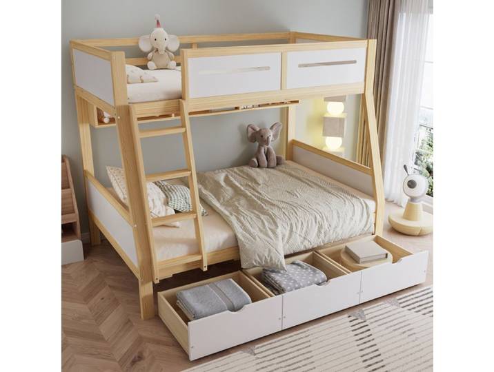 ROVRYN Lit superposé enfant 90x200 et 120x200 avec 3 tiroirs échelle étagère bibliothèque blanc naturel