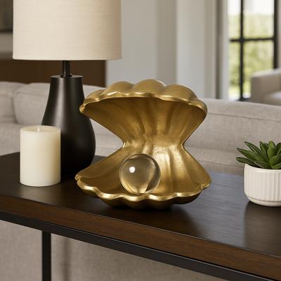 Sagebrook Home "Decorative Clam with Acrylic Pearl Figurine Sculpture - 5"", Silver - 4.75"""