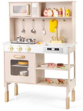 Costway Play Kitchen Height Adjustable with Microwave and Lights and Sounds-Pink