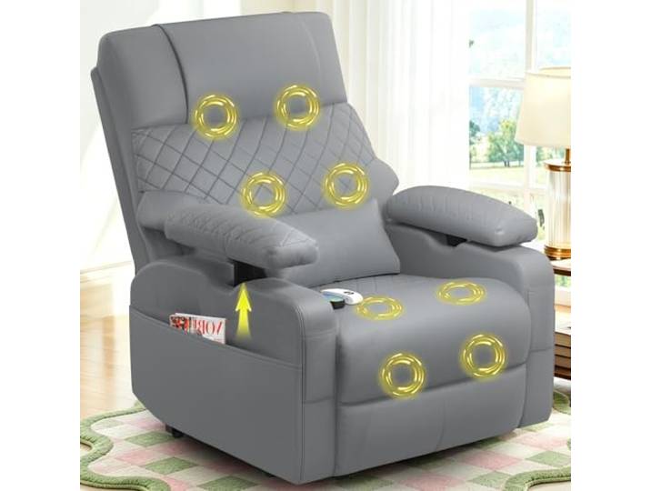 SQUEBILIFE Fernsehsessel,Relaxsessel mit 3D-Armlehnen, 8-Punkt-Massage und Heizfunktion,Typ-C + USB-Anschlüsse,Zusätzlichem Lendenkissen, 4 Aufbewahrungstaschen,Elektrisch Verstellbar Massagesessel